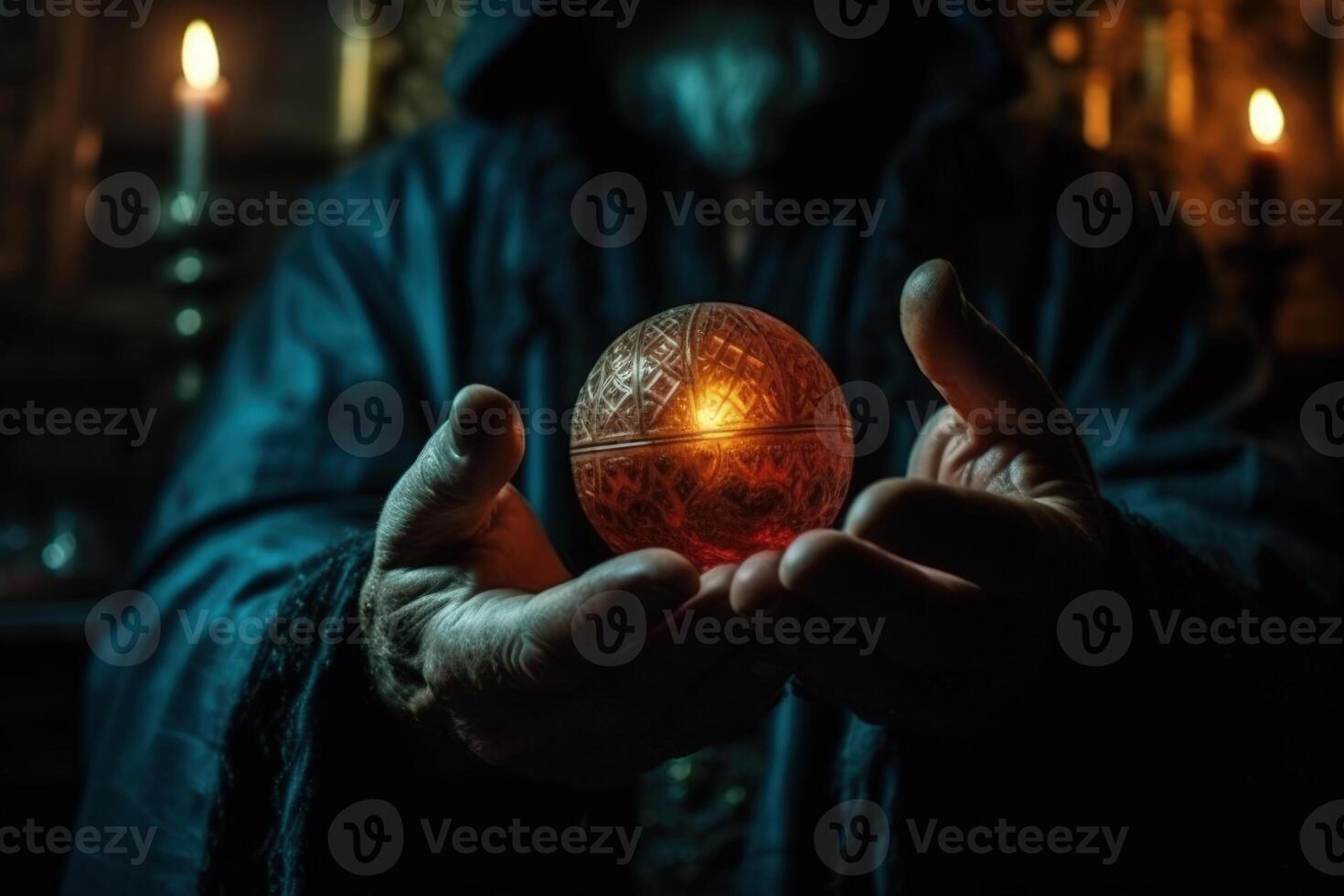 el manos de el hechicero mago sostener un magia pelota para adivinación el predicción de el futuro generativo ai foto