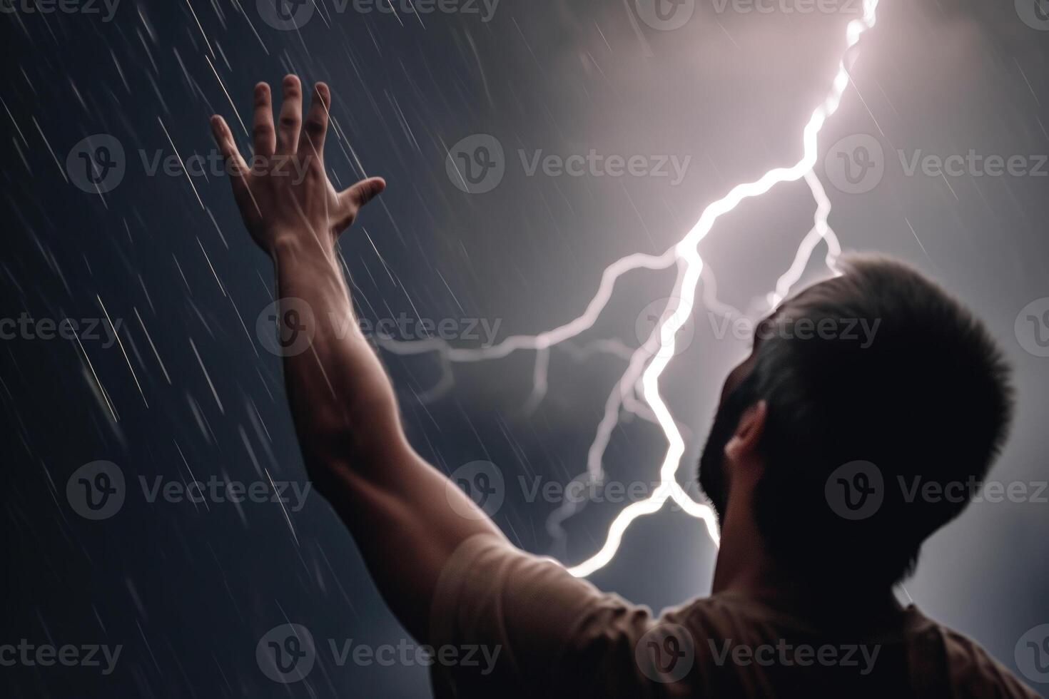 immortality man stretches his arms up during a lightning thunderstorm photo