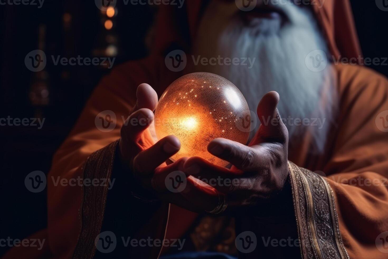 the hands of the sorcerer wizard hold a magic ball for fortune-telling the prediction of the future photo