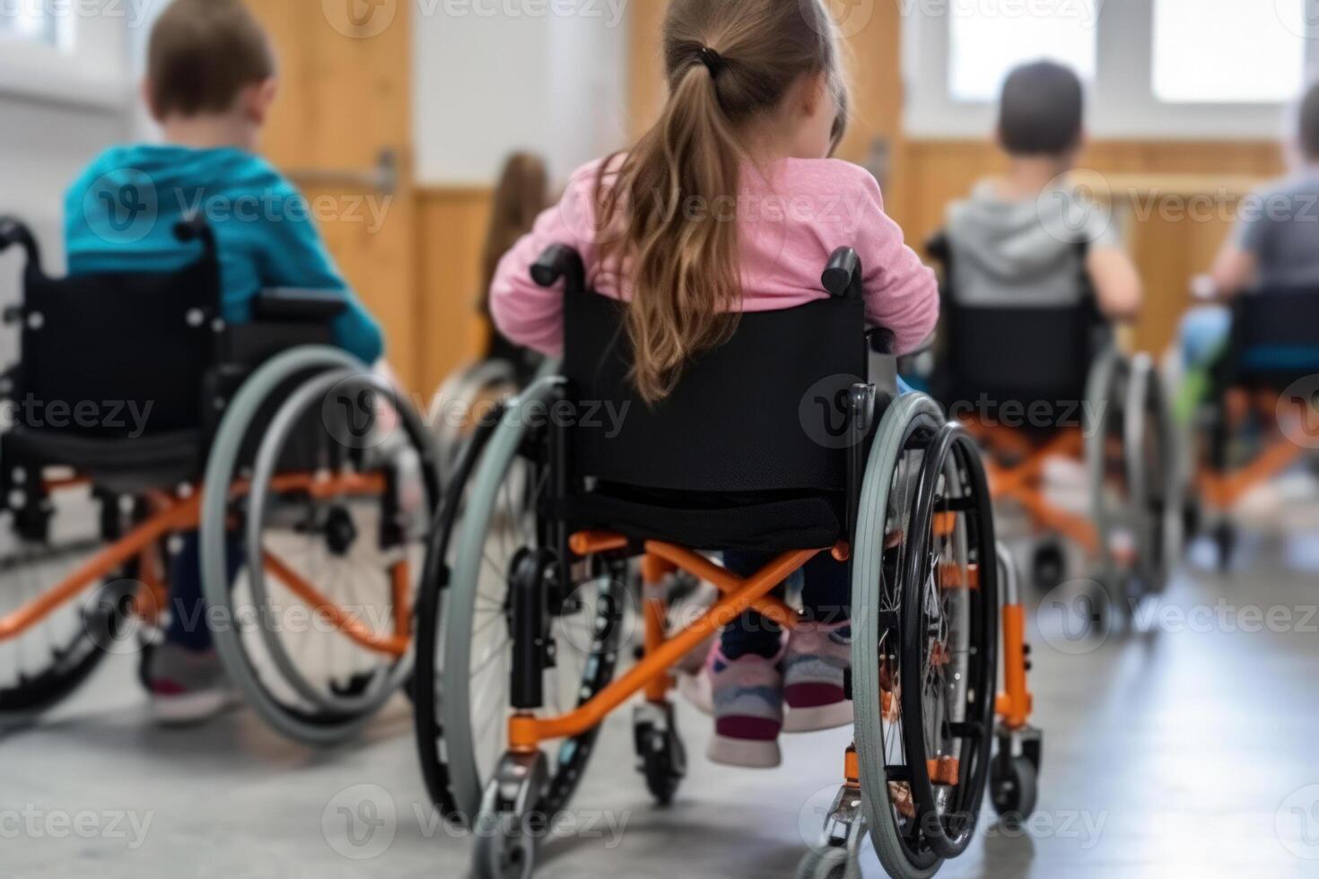 children disabled person in wheelchairs at school, inclusive education photo