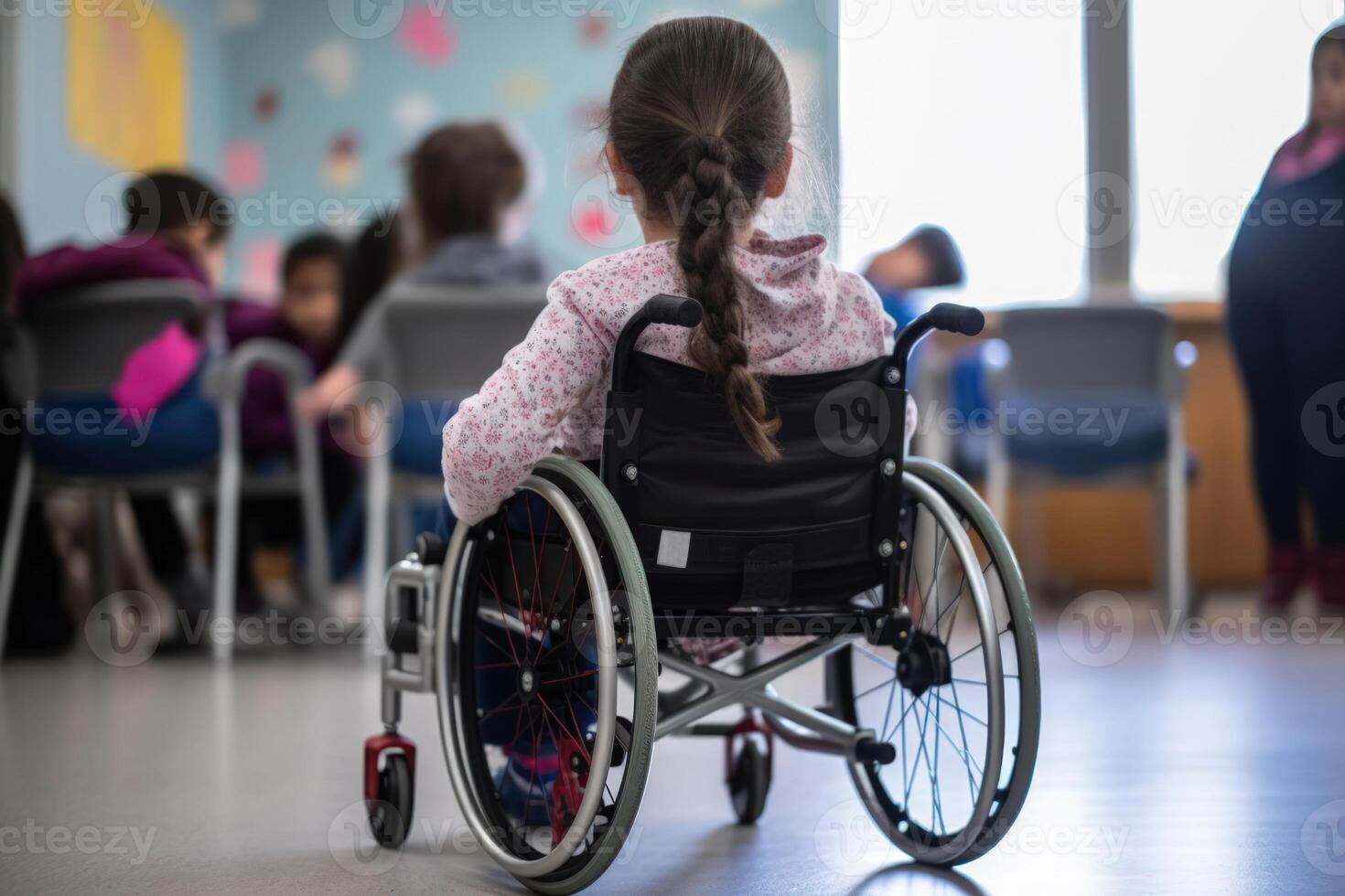 niños discapacitado persona en sillas de ruedas a escuela, inclusivo educación generativo ai foto
