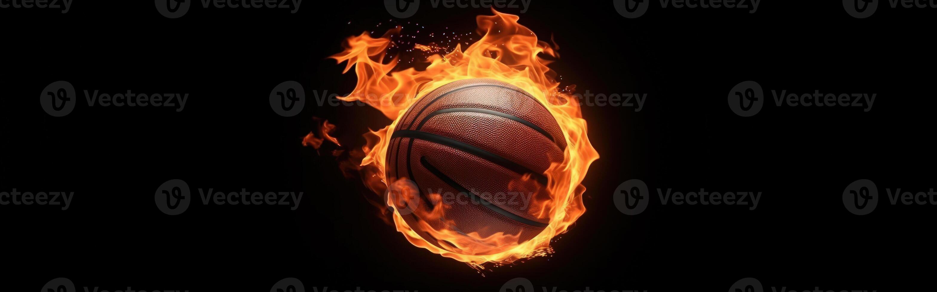 basketball sport, ball in orange fire on dark . photo