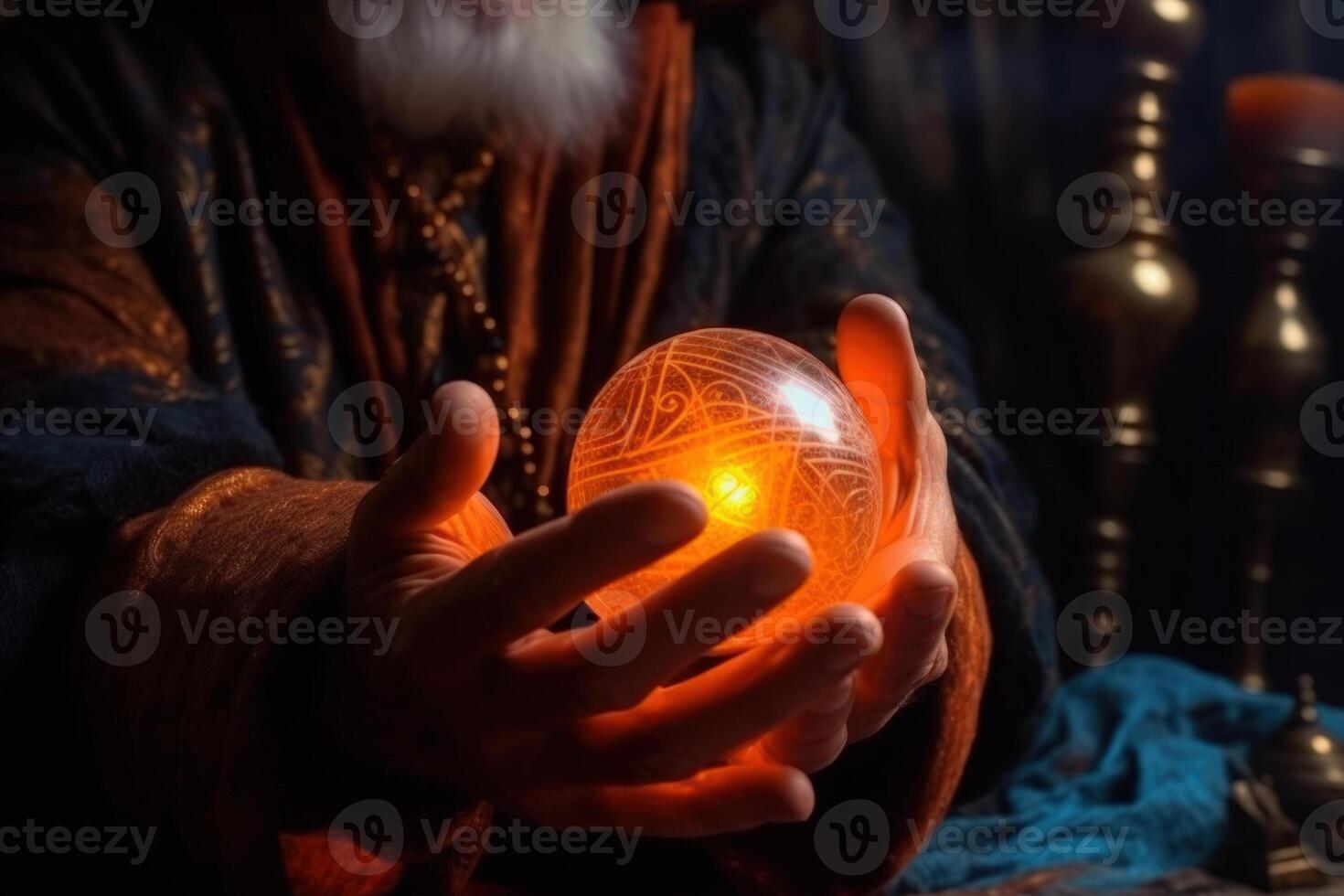 the hands of the sorcerer wizard hold a magic ball for fortune-telling the prediction of the future photo