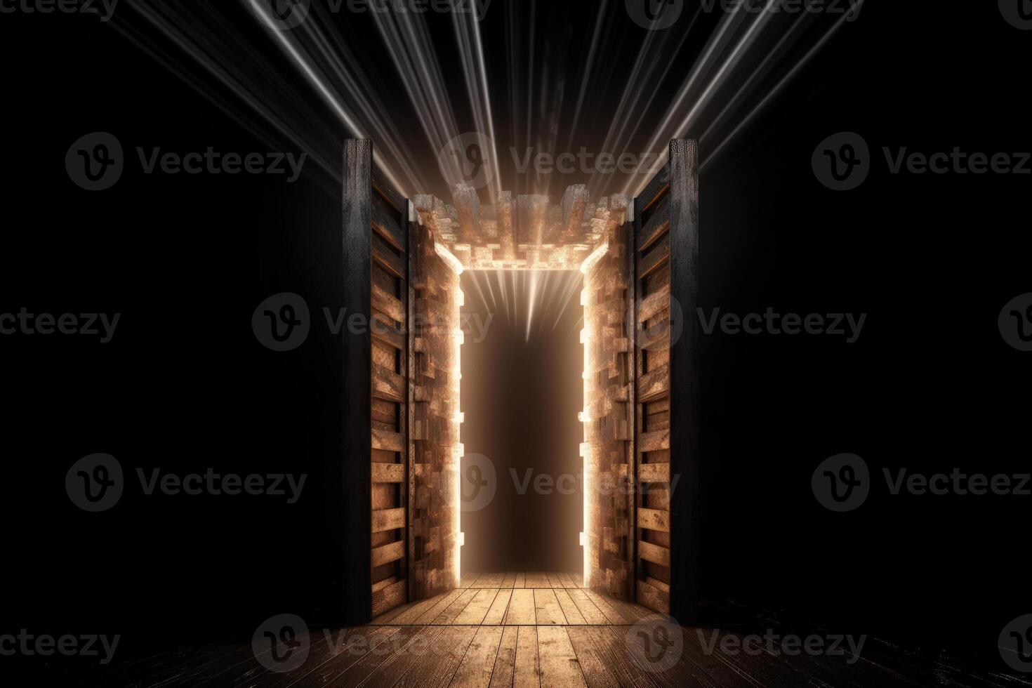 shining yellow light from doors in the empty black background, way out dark corridor photo