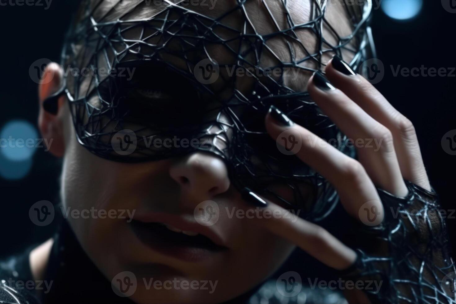 mystery woman in black mask in dark background photo