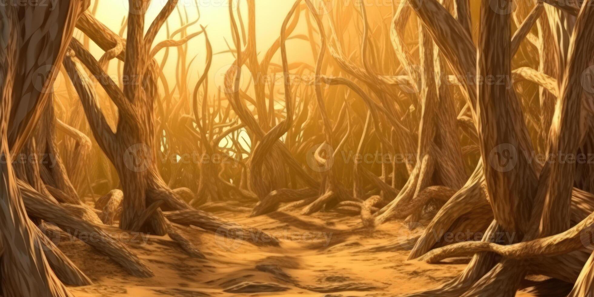 trees intertwined, magical sun light forest photo