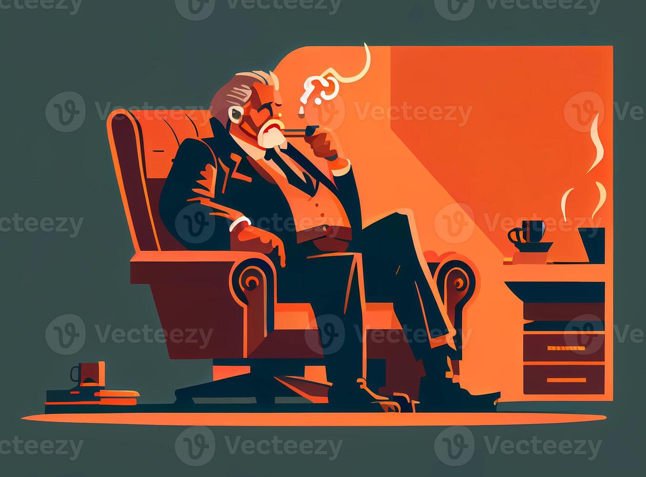 a gray-haired man smokes a pipe in an armchair. photo