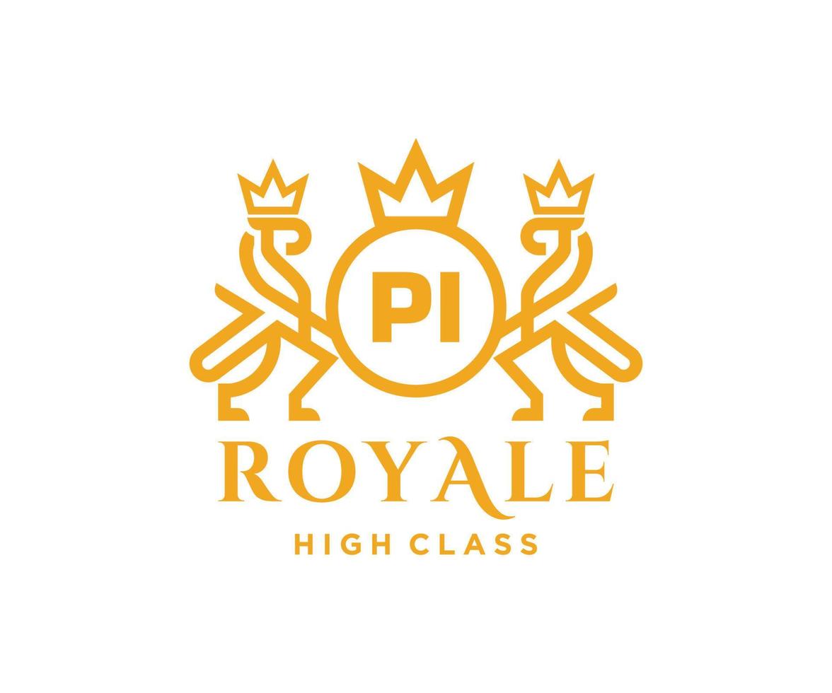 Golden Letter PI template logo Luxury gold letter with crown. Monogram alphabet . Beautiful royal initials letter. vector