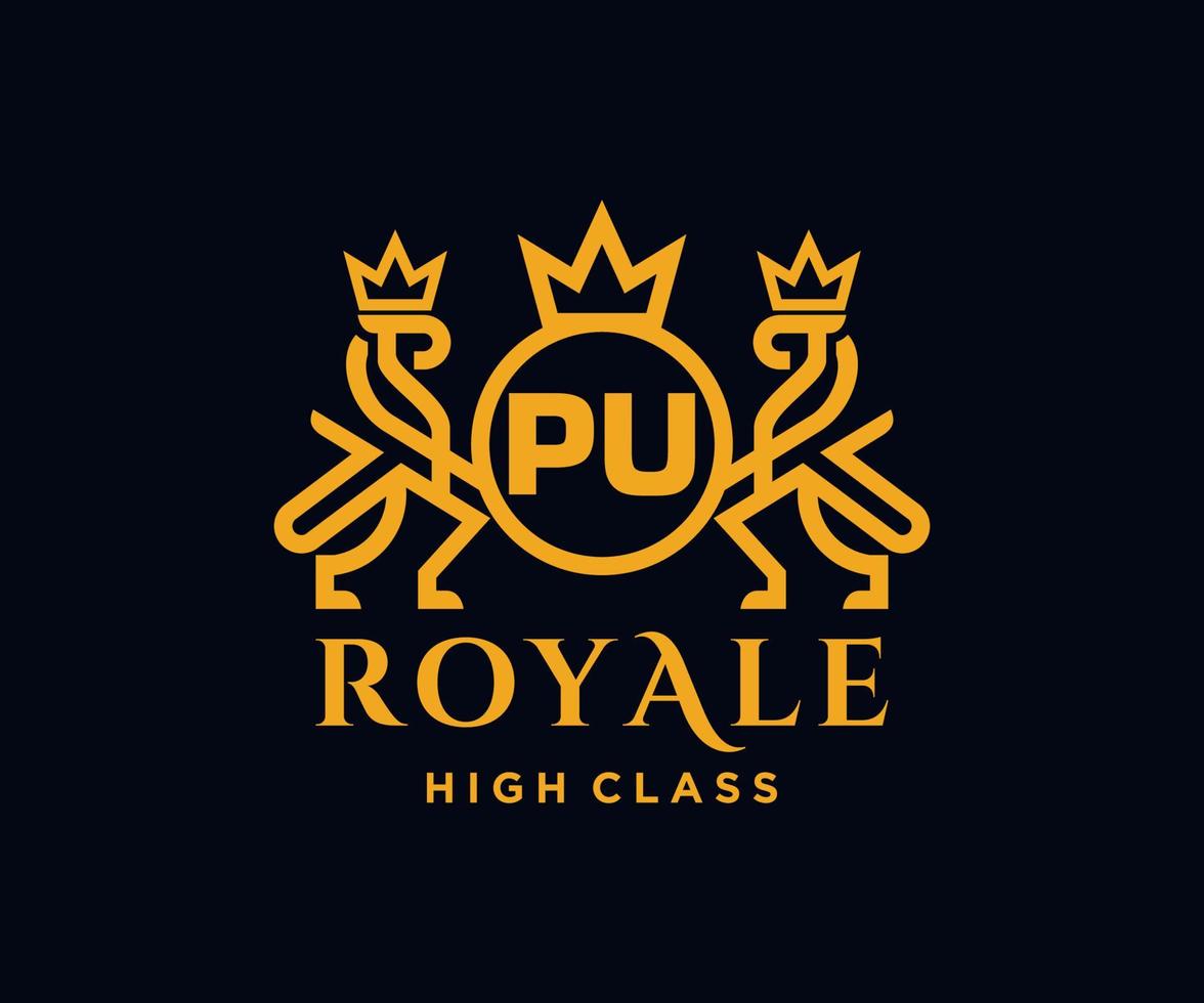 Golden Letter PU template logo Luxury gold letter with crown. Monogram alphabet . Beautiful royal initials letter. vector