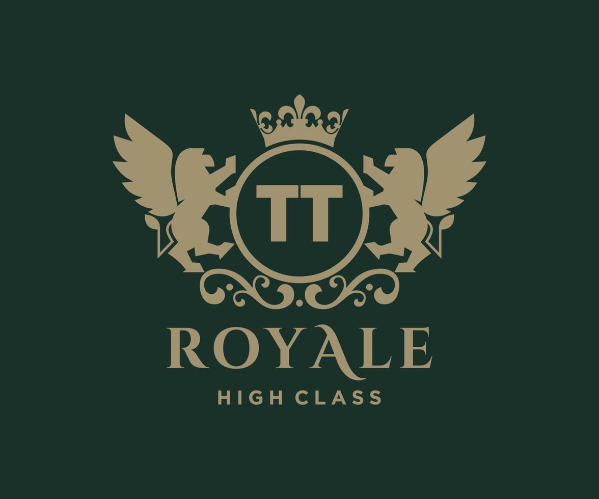 Golden Letter TT template logo Luxury gold letter with crown. Monogram alphabet . Beautiful royal initials letter. vector