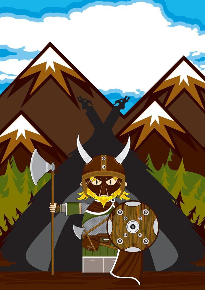 linda dibujos animados vikingo guerrero con proteger y hacha nórdico historia ilustración vector