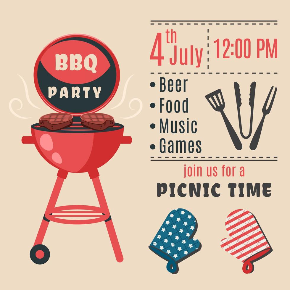 BBQ invitation 4th of July. Holiday card for American independence day. Poster, banner, flyer template for barbecue party and summer picnic. Vector illustration with brazier, steaks, meat food