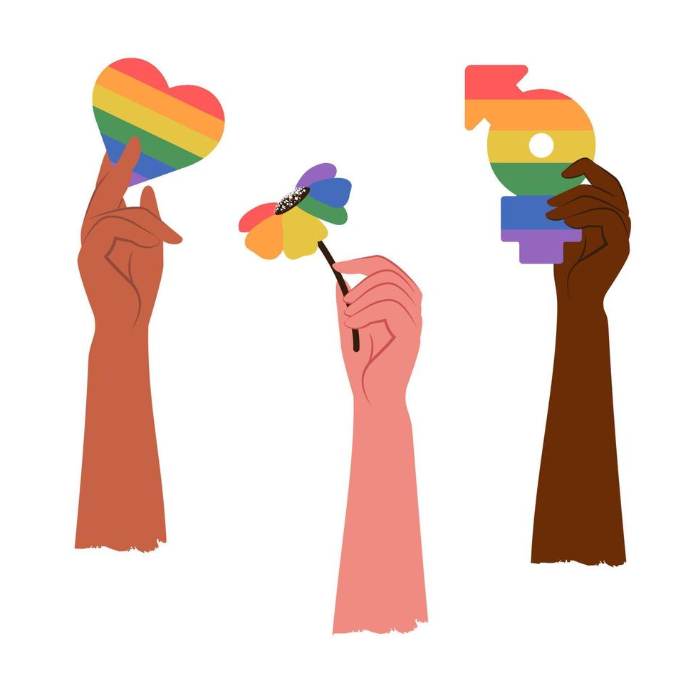 People of different skin holding lgbtg emblems, rainbow, flag in hands. Lgbt  community.  Gender, diversity, unity concept. Vector flat illustration for poster, card, banner, sticker