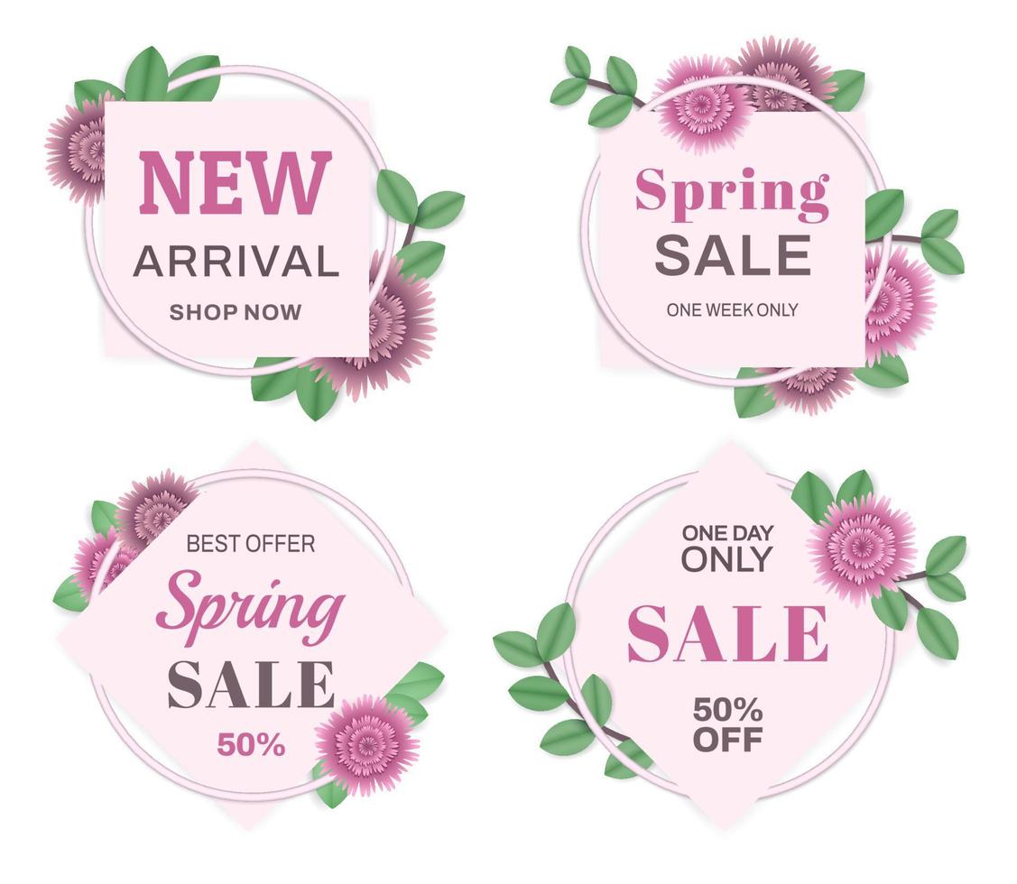 Set of pink spring sale background with beautiful flora. Frame, flower, foliage for banner, flyer, promotion poster, invitation, advertising template. Special offer concept. Vector illustration.