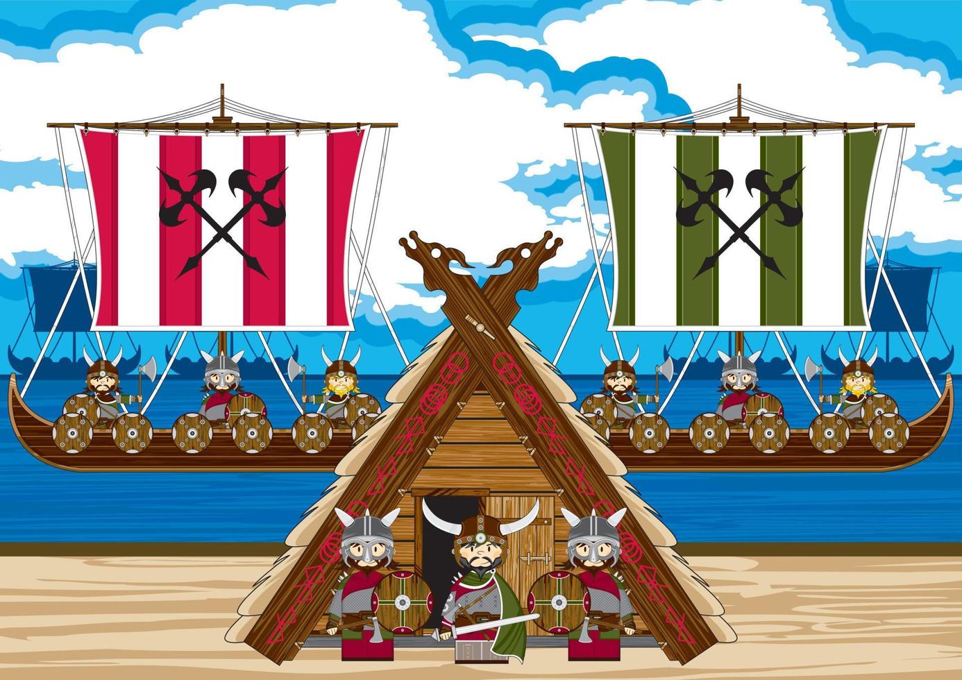 Cartoon Viking Warriors on the Beach with Longboats Norse History Illustration vector