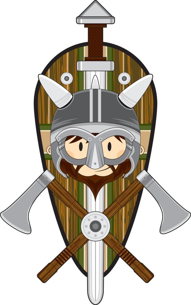 linda dibujos animados vikingo guerrero con proteger y hachas nórdico historia ilustración vector