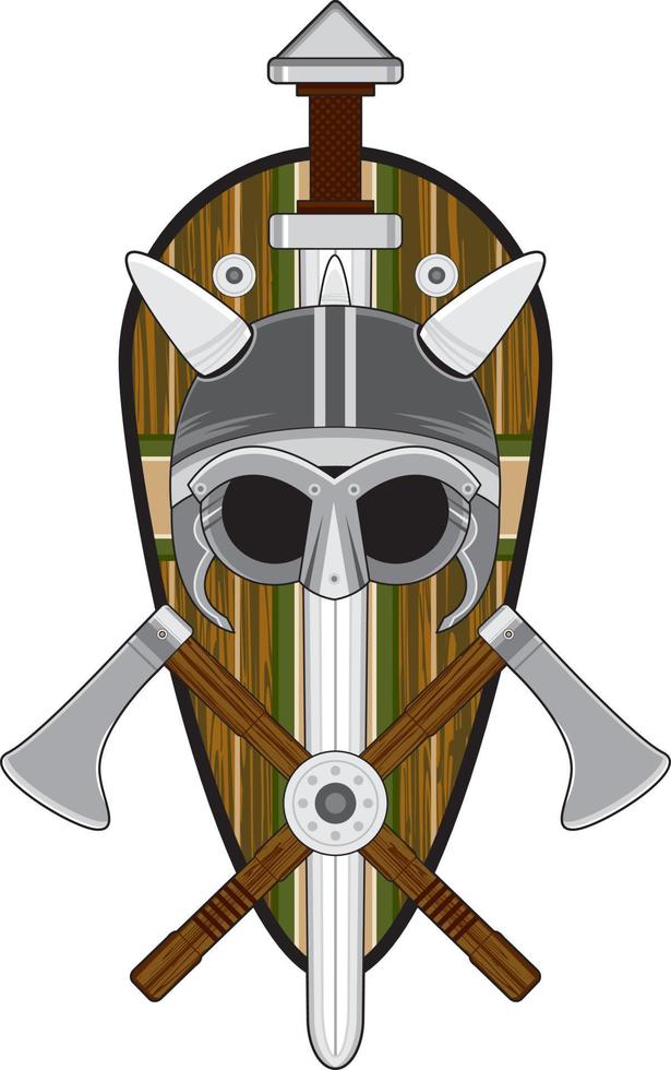 Cute Cartoon Viking Warrior Helmet with Shield and Sword Norse History Illustration vector
