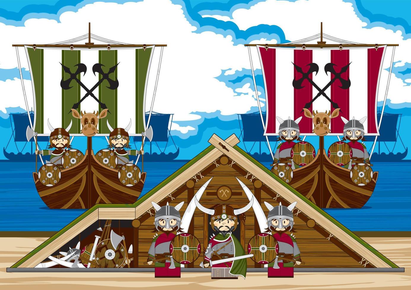Cartoon Viking Warriors on the Beach with Longboats Norse History Illustration vector