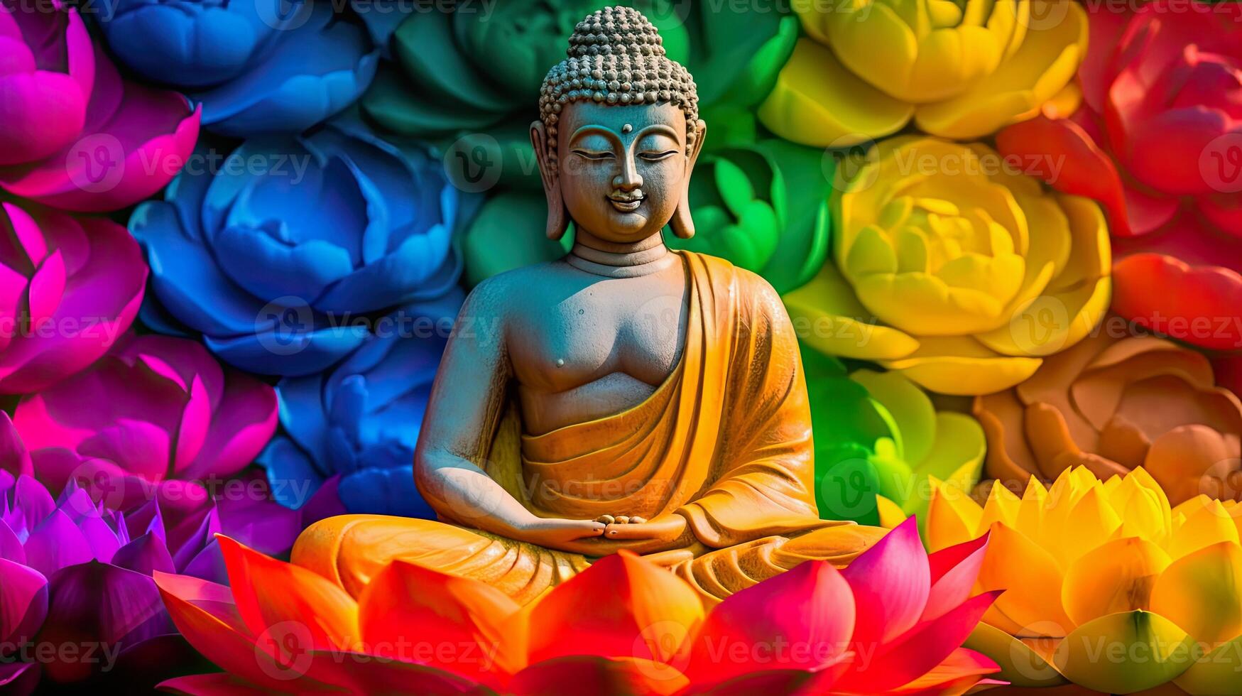 illustration of a buddha statue and multicolored flowers photo