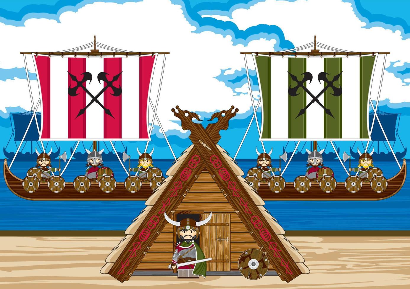 dibujos animados vikingo guerreros en el playa con lanchas nórdico historia ilustración vector