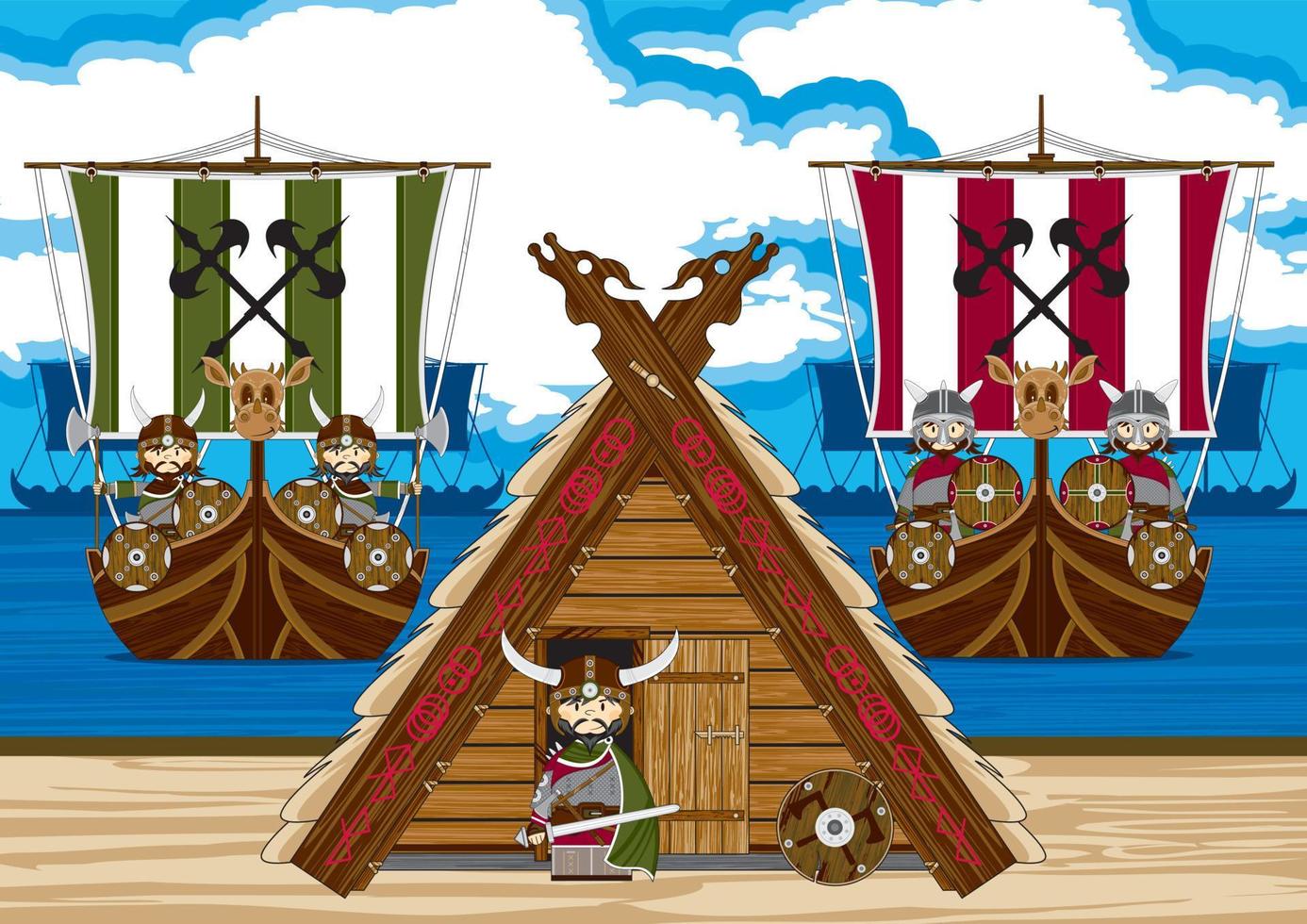 dibujos animados vikingo guerrero en el playa con lanchas nórdico historia ilustración vector