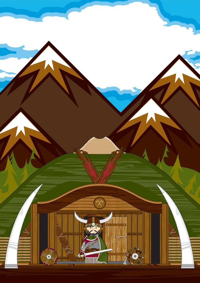 Cute Cartoon Viking Warrior at Homestead Norse History Illustration vector