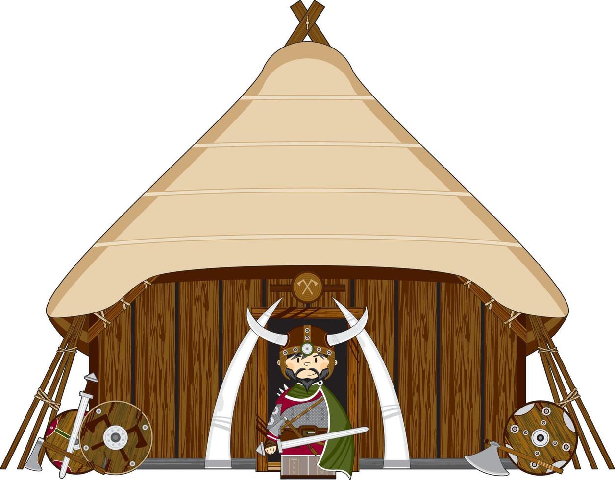 Cute Cartoon Viking Warrior at Homestead Norse History Illustration vector