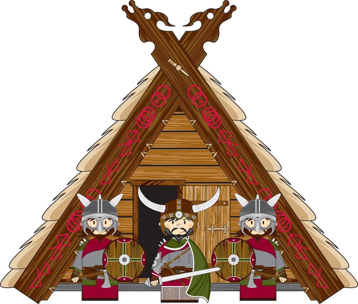 Cute Cartoon Viking Warriors at Homestead Norse History Illustration vector