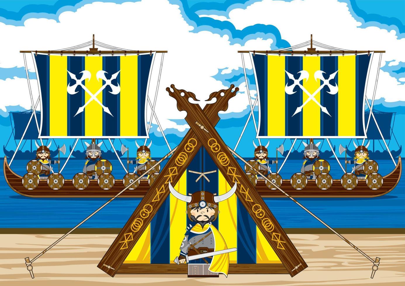 Cartoon Viking Warrior on the Beach with Longboats Norse History Illustration vector