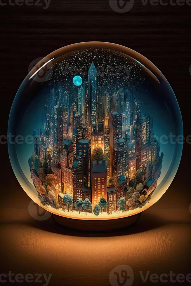 generativo ai ilustración de un ciudad en un vaso esfera foto
