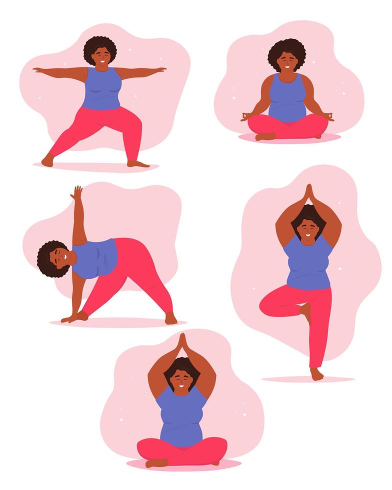 Set of bbw yoga pose. A full girl is engaged in asanas, gymnastics. Vigorous activity for health, flexibility, balance. Vector graphics.