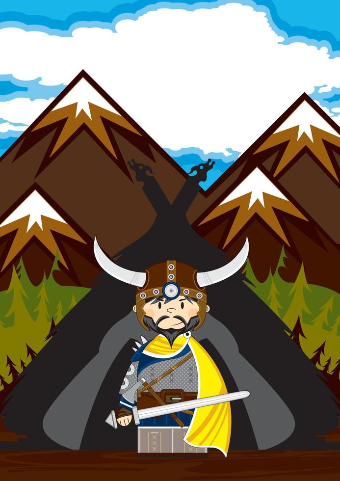 Cute Cartoon Viking Warrior and Tent Norse History Illustration vector