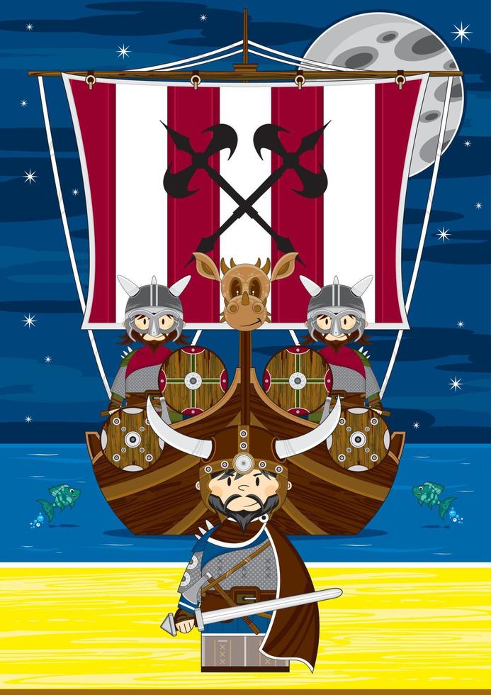 dibujos animados vikingo guerrero en el playa con lancha nórdico historia ilustración vector