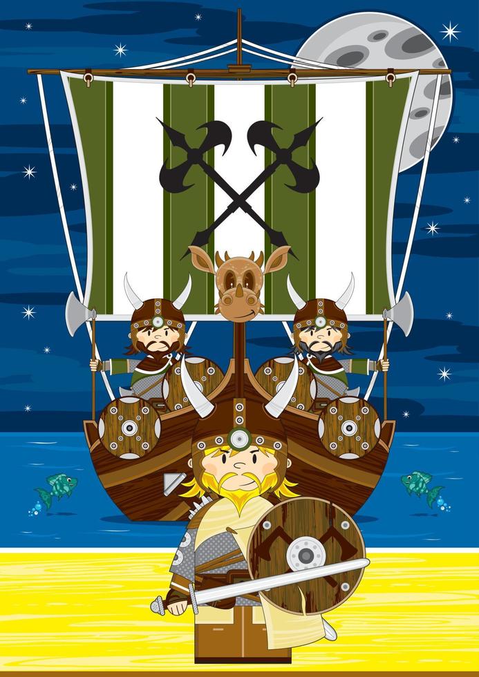 dibujos animados vikingo guerrero en el playa con lancha nórdico historia ilustración vector