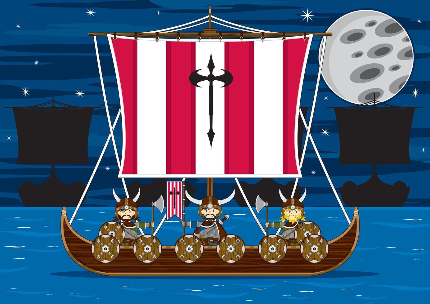 linda dibujos animados vikingo guerreros y lancha nórdico historia ilustración vector