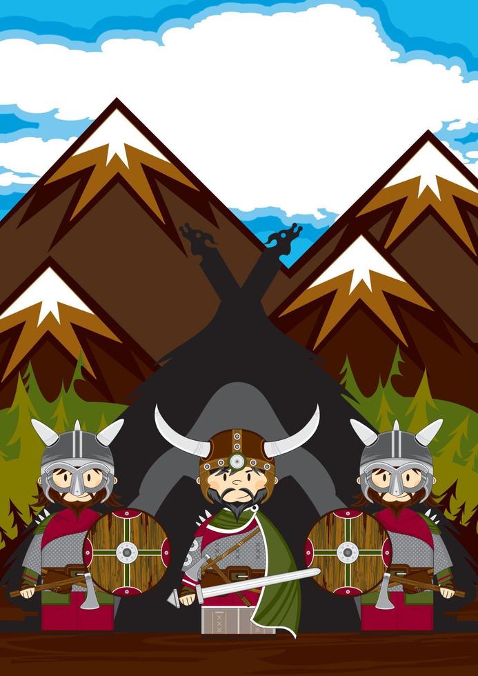 Cute Cartoon Viking Warriors and Tent Norse History Illustration vector