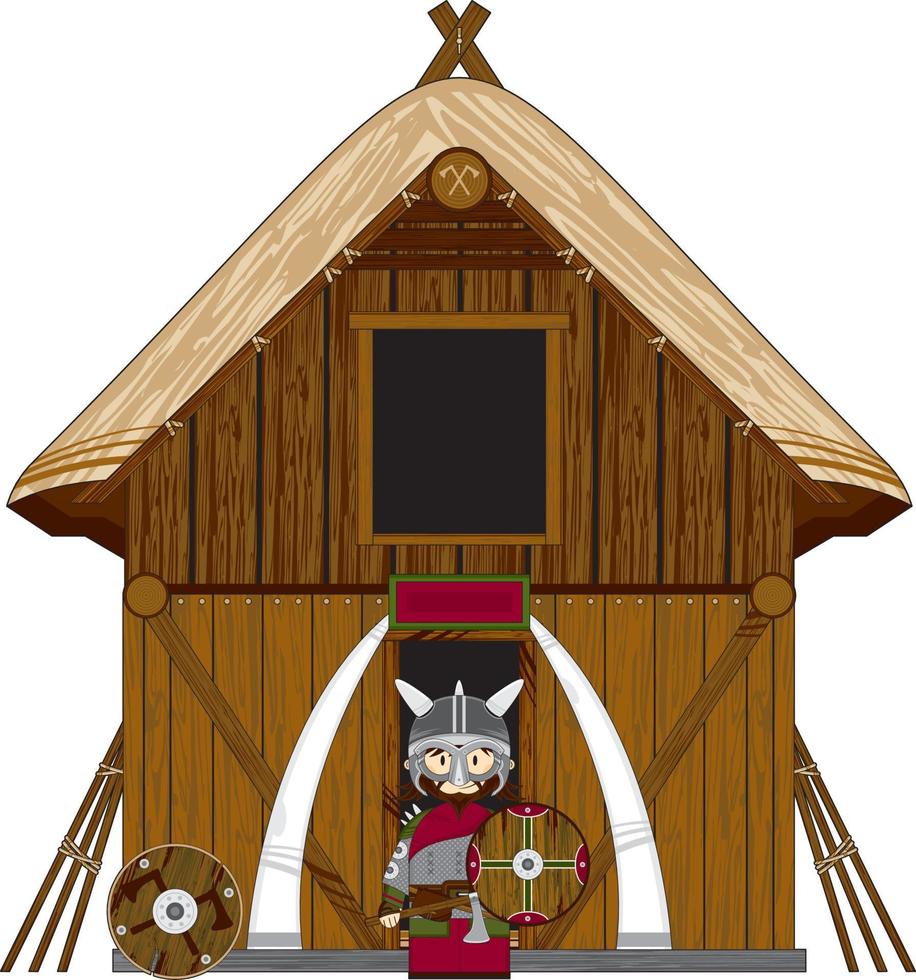 Cute Cartoon Viking Warrior at Homestead Norse History Illustration vector