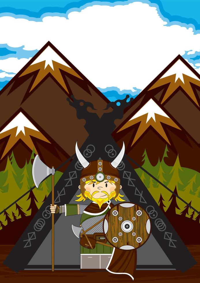 Cute Cartoon Viking Warrior and Tent Norse History Illustration vector