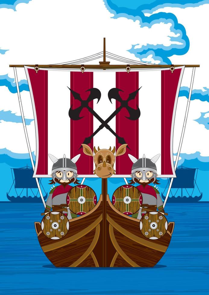 Cute Cartoon Viking Warriors on Longboat Norse History Illustration vector
