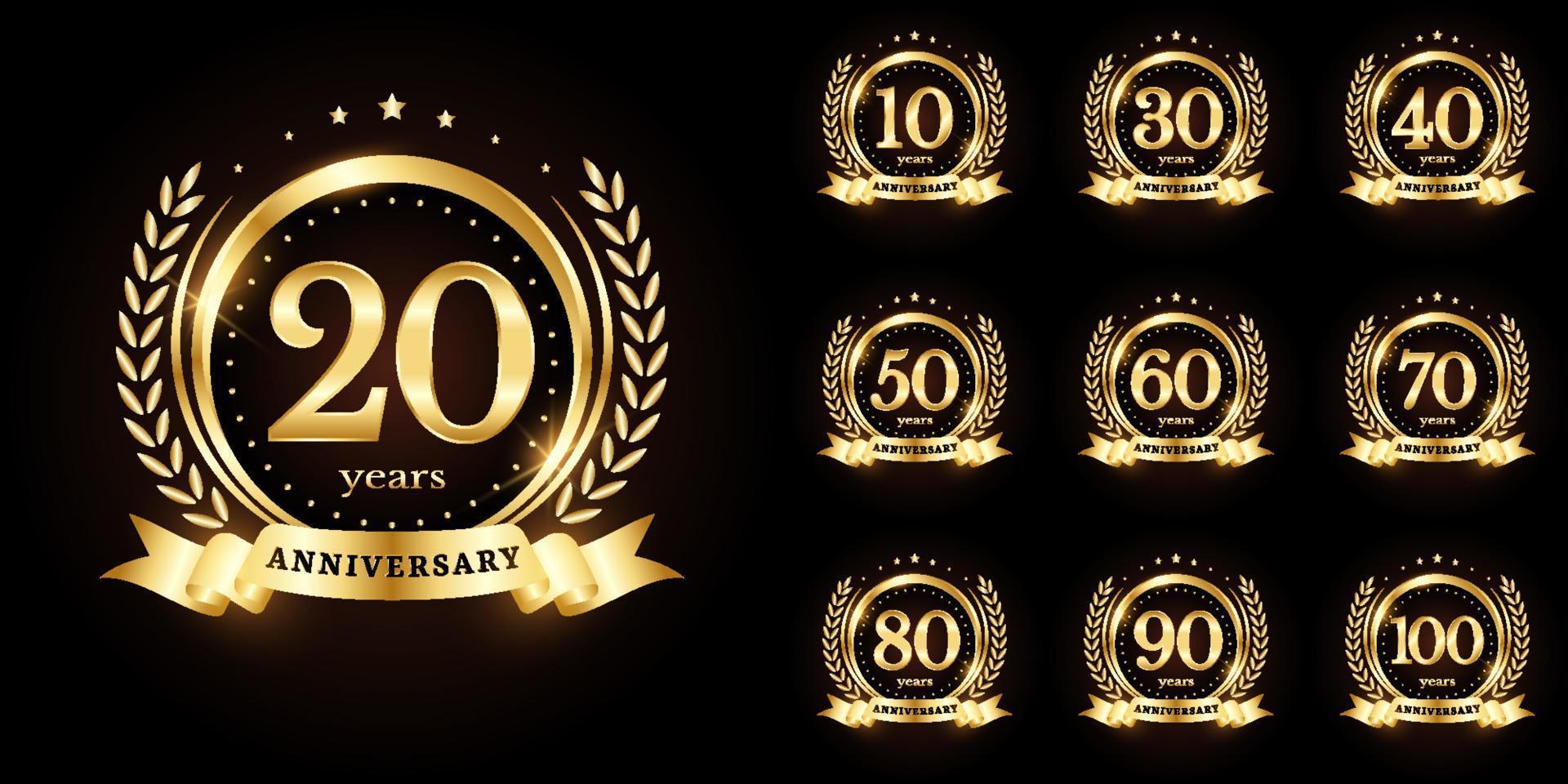 Anniversary golden luxury number emblem logo symbol vector graphic badge for birthday, age, corporate business, wedding, certificate, year, event