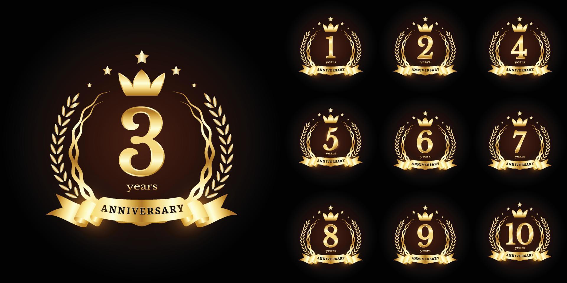 Anniversary golden luxury number emblem logo symbol vector graphic badge for birthday, age, corporate business, wedding, certificate, year, event