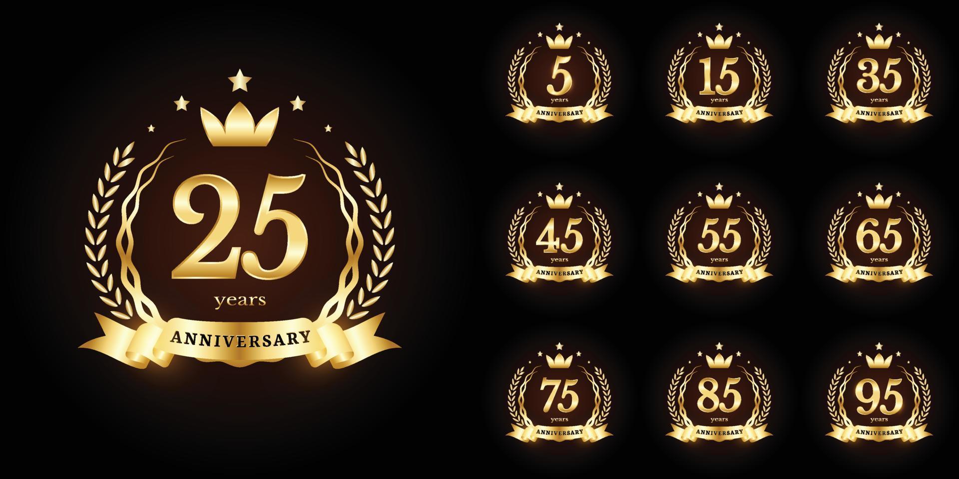 Anniversary golden luxury number emblem logo symbol vector graphic badge for birthday, age, corporate business, wedding, certificate, year, event