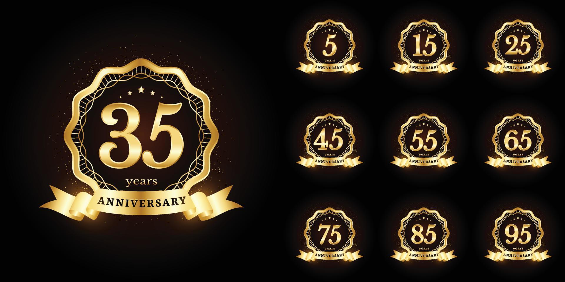 Anniversary golden luxury number emblem logo symbol vector graphic badge for birthday, age, corporate business, wedding, certificate, year, event