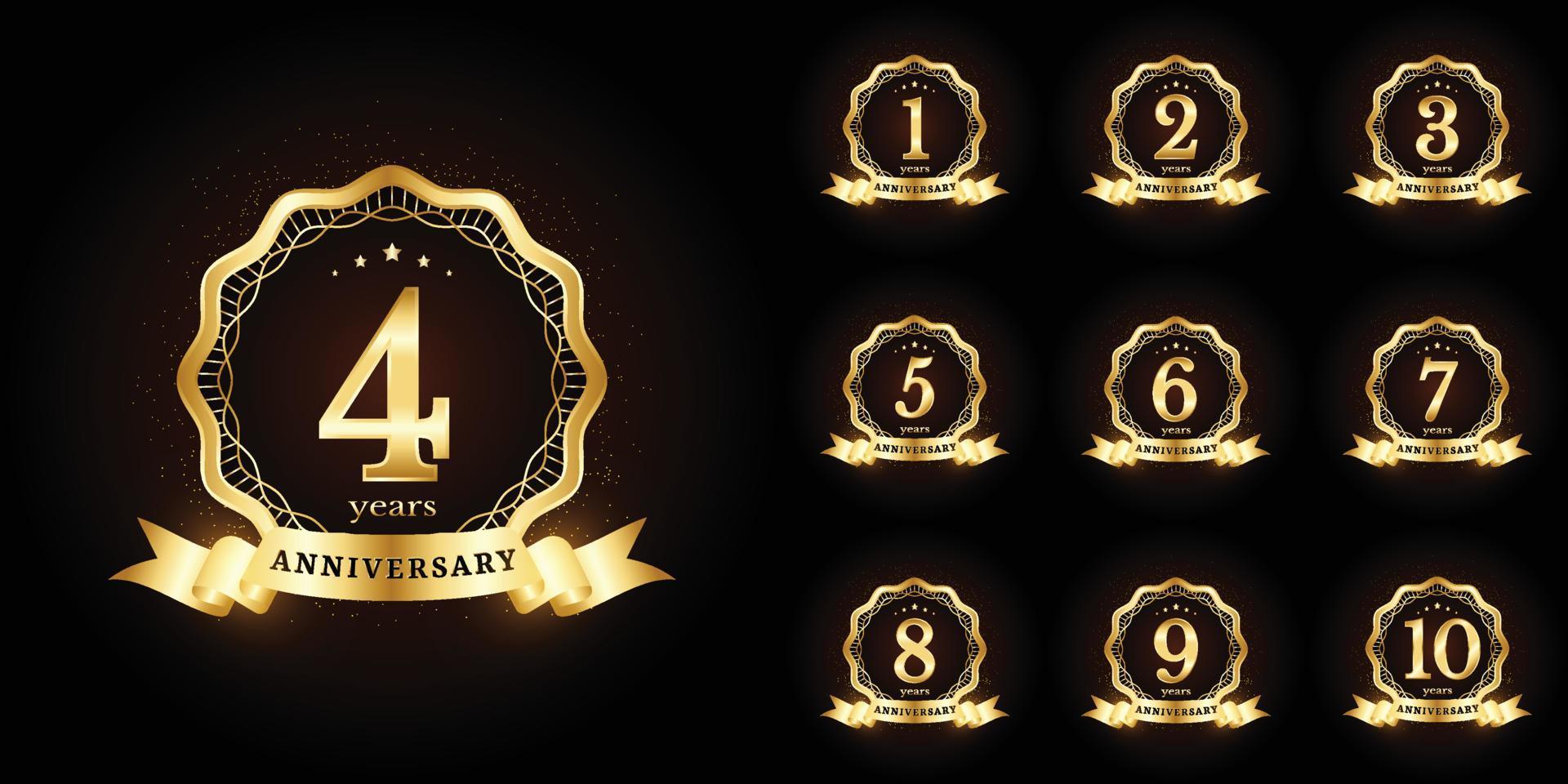 Anniversary golden luxury number emblem logo symbol vector graphic badge for birthday, age, corporate business, wedding, certificate, year, event