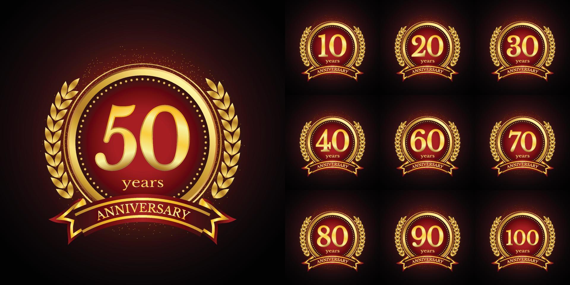 Anniversary golden luxury number emblem logo symbol vector graphic badge for birthday, age, corporate business, wedding, certificate, year, event