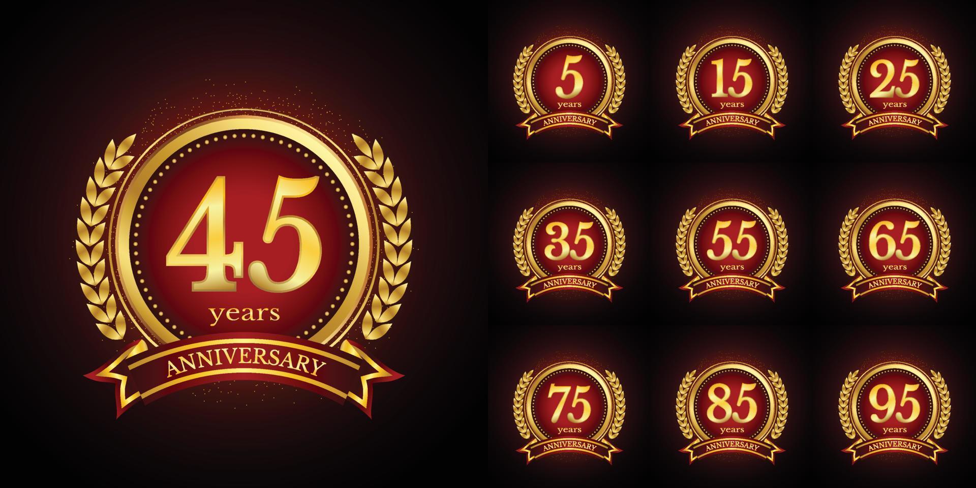 Anniversary golden luxury number emblem logo symbol vector graphic badge for birthday, age, corporate business, wedding, certificate, year, event