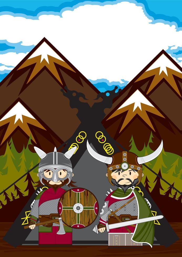 linda dibujos animados vikingo guerreros y tienda nórdico historia ilustración vector