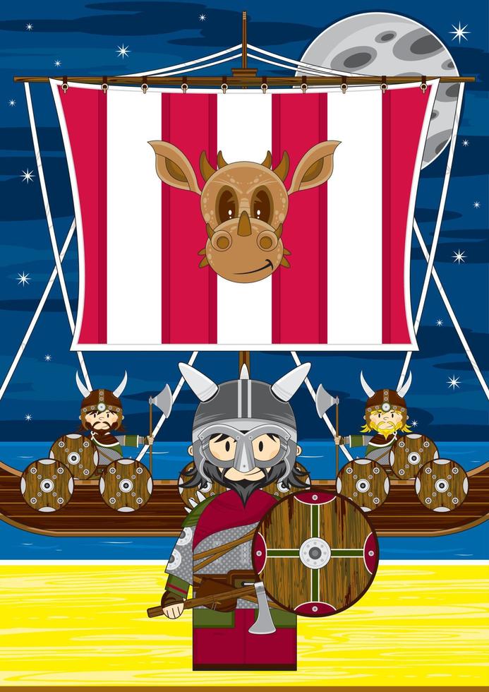 Cartoon Viking Warrior on the Beach with Longboat Norse History Illustration vector