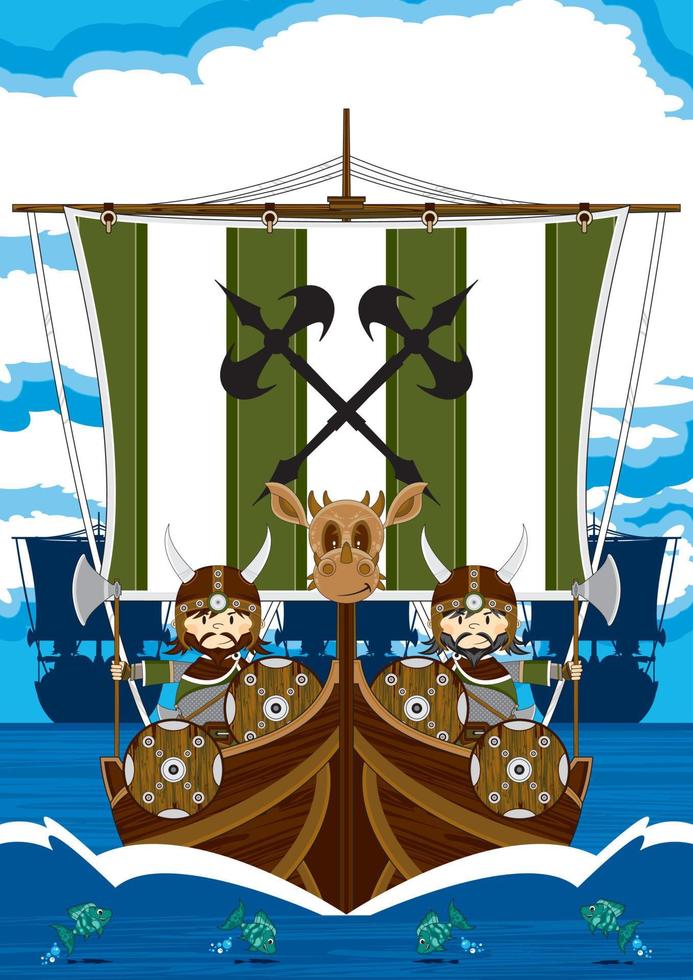 Cute Cartoon Viking Warriors on Longboat Norse History Illustration vector