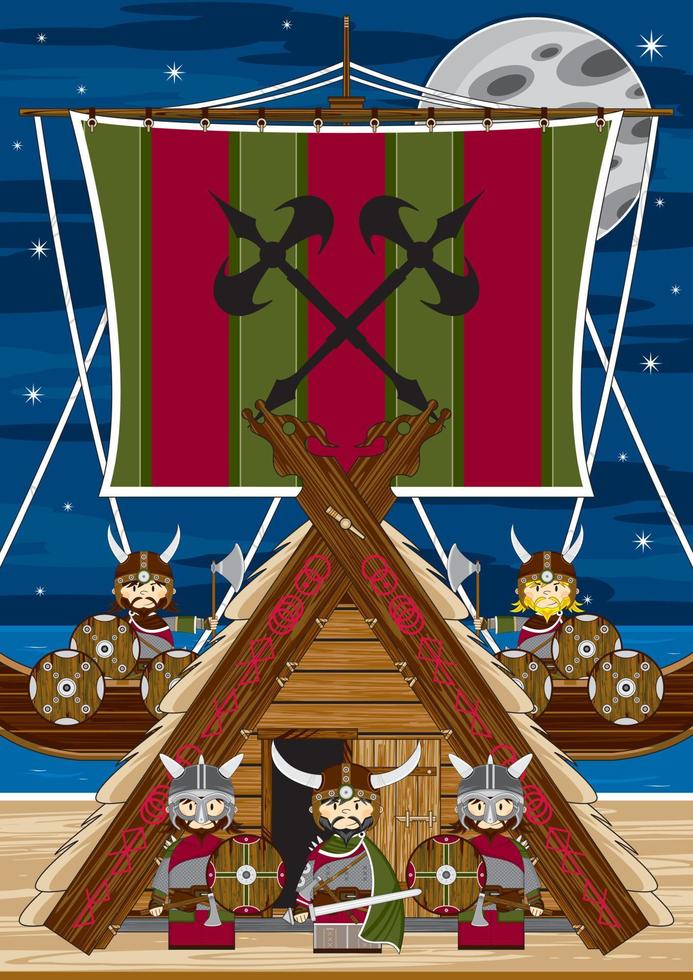 Cartoon Viking Warriors on the Beach with Longboat Norse History Illustration vector
